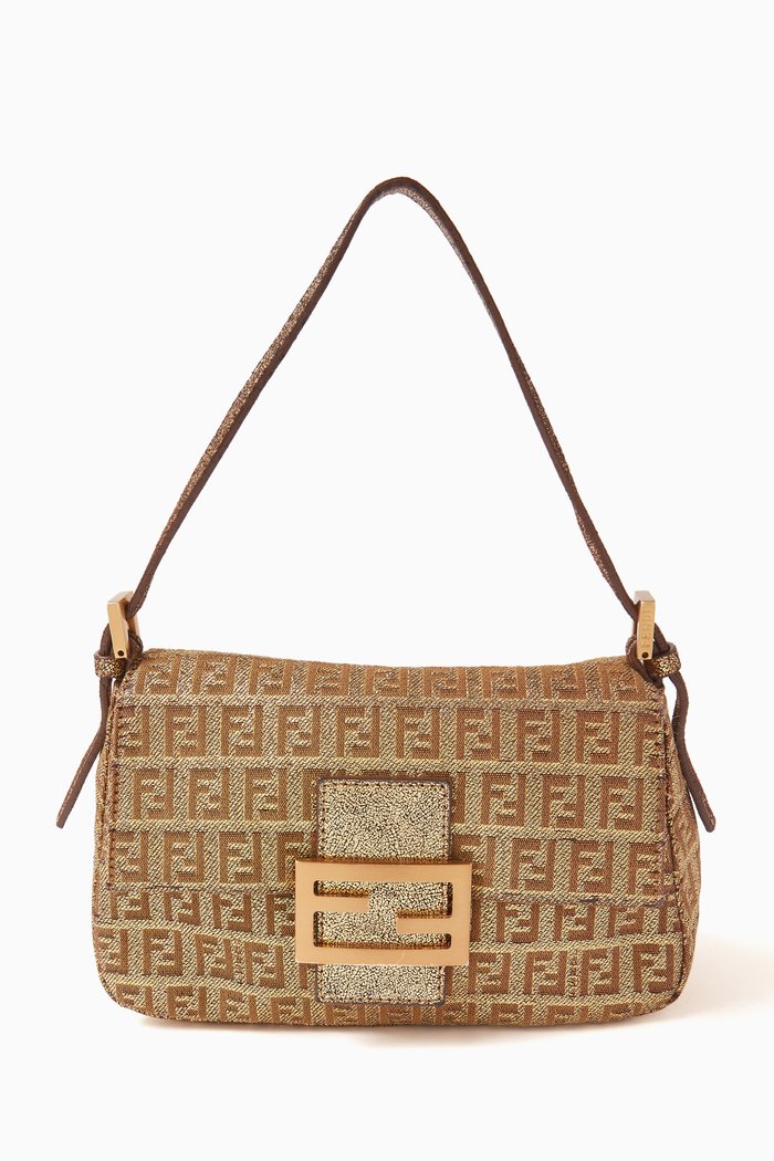 

Mini Baguette Shoulder Bag in Zucchino Canvas, Gold