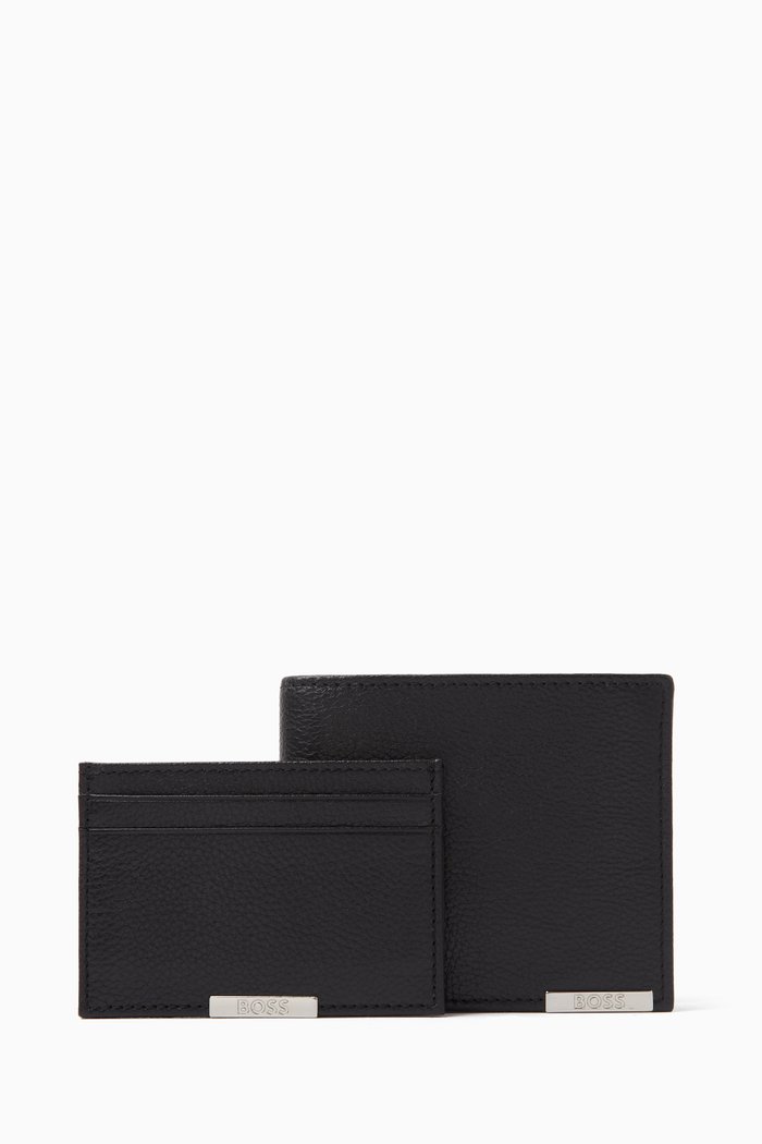 

Logo-plate Wallet & Card Holder Gift Set in Leather, Black