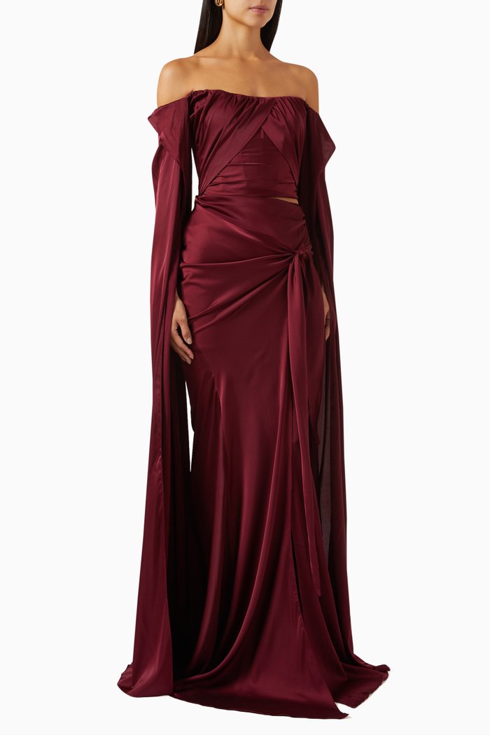 

Off-shoulder Maxi Dress in Satin, Red