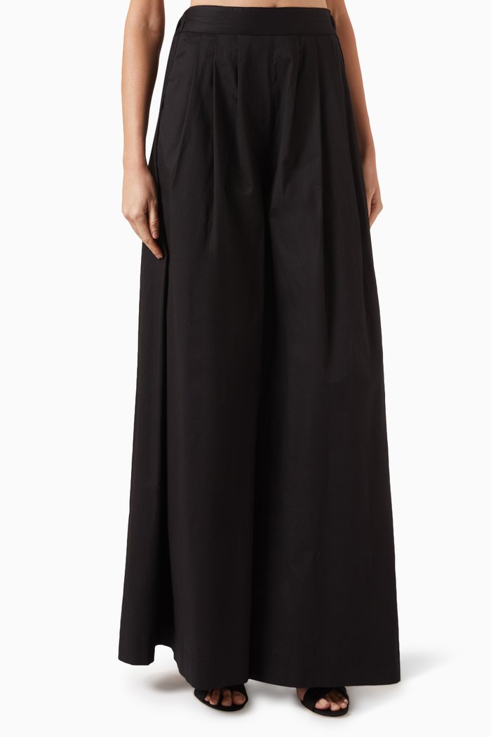 

Harper Wide-leg Pleated Pants in Cotton, Black