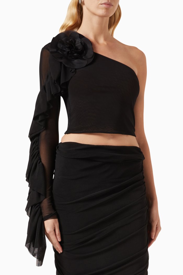 Pia Ruffled Crop Top in Mesh, Black
