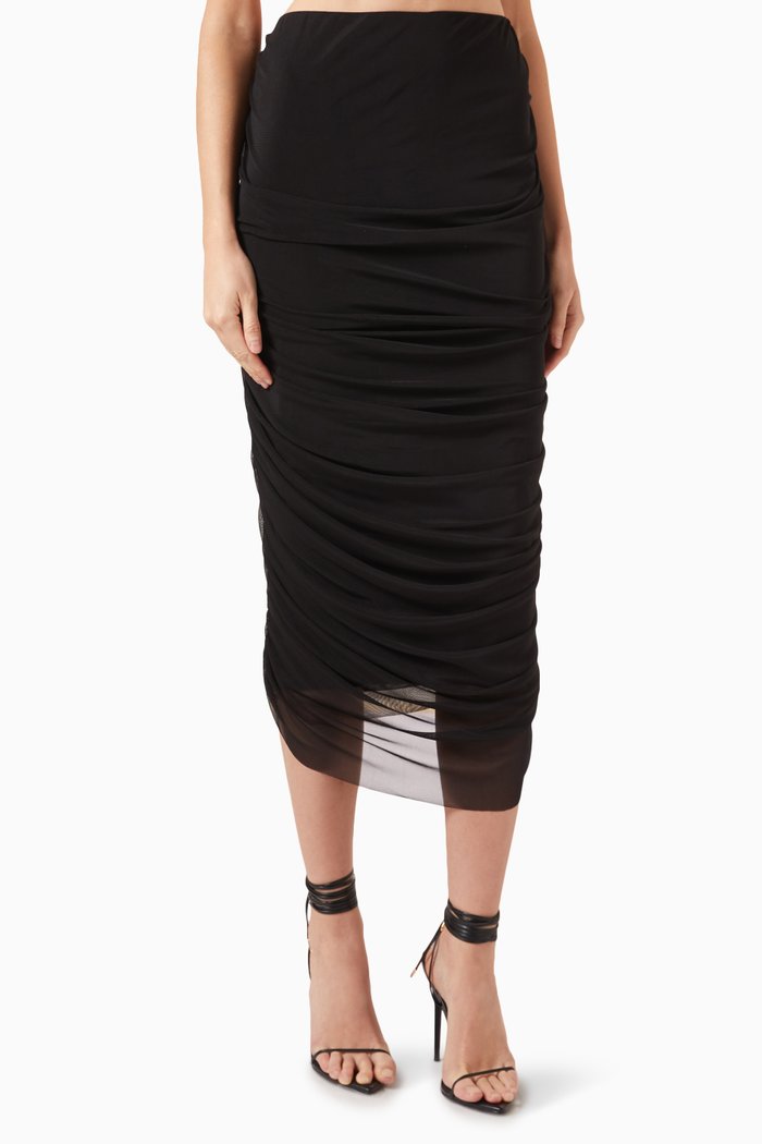 

Donna Ruched Midi Skirt in Mesh, Black