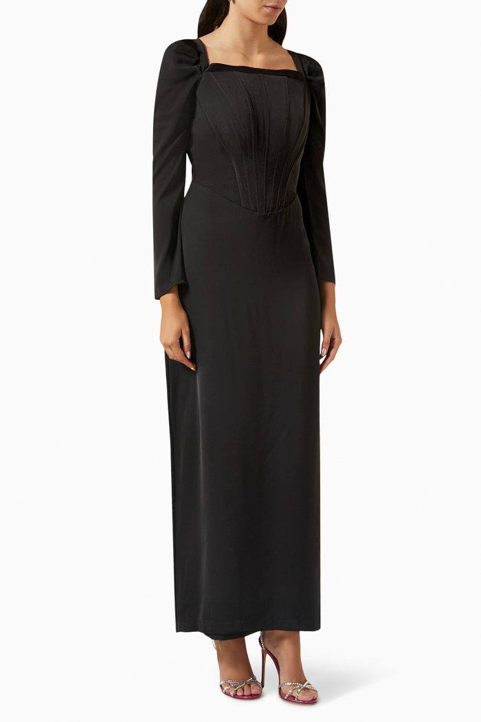 

Pleated Midi Dress in Crepe, Black