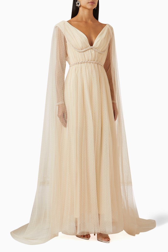 

Cape Maxi Dress in Tulle, Neutral