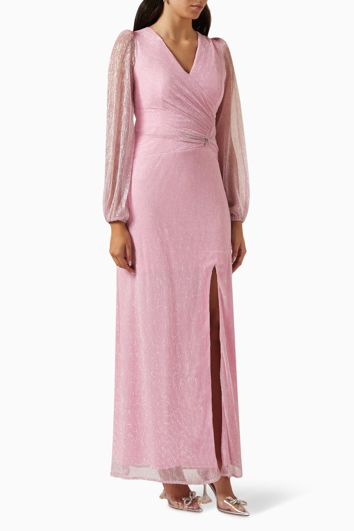 

Slit Maxi Dress in Metallic Plissé, Pink