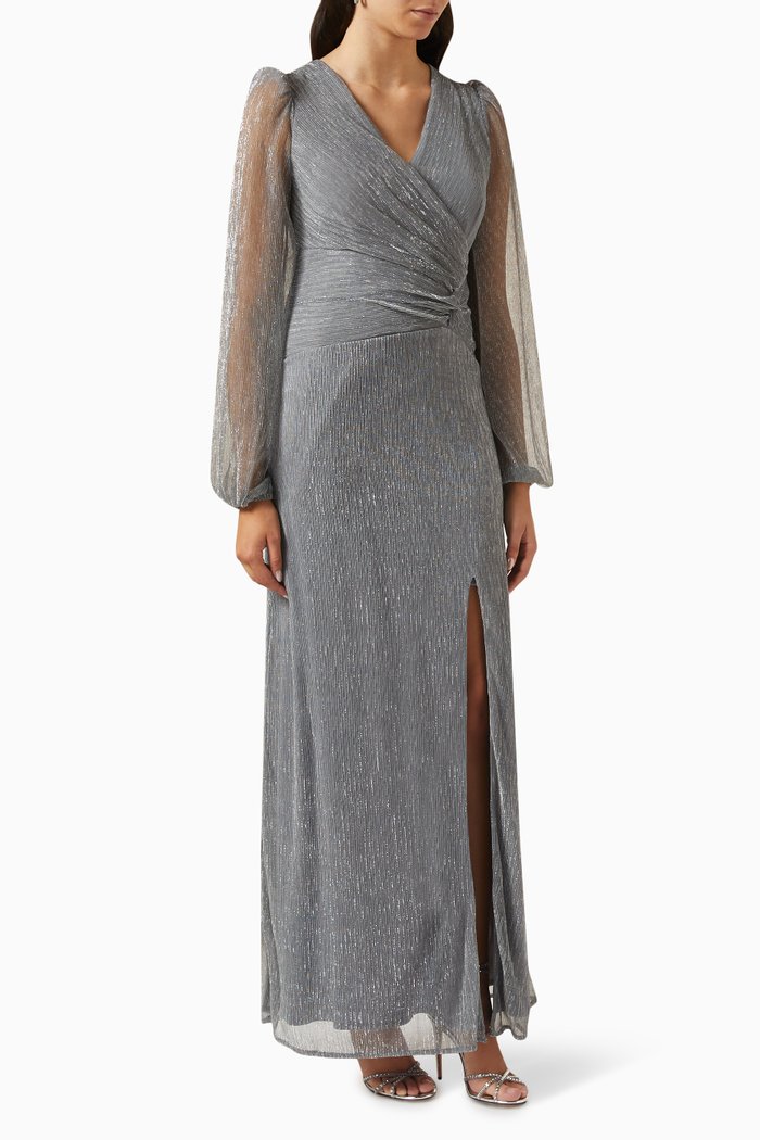 

Slit Maxi Dress in Metallic Plissé, Silver