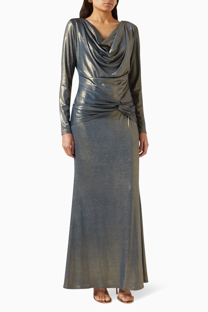 

Cowl-neck Maxi Dress in Metallic-satin, Green