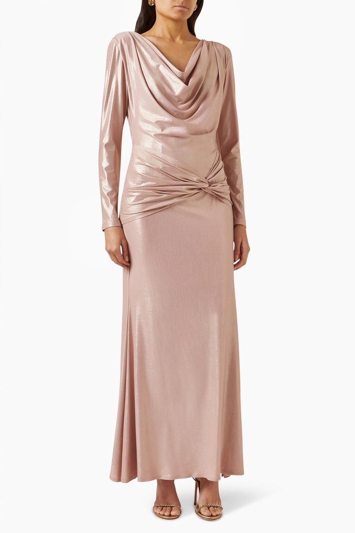 Cowl-neck Maxi Dress in Metallic-satin, Pink