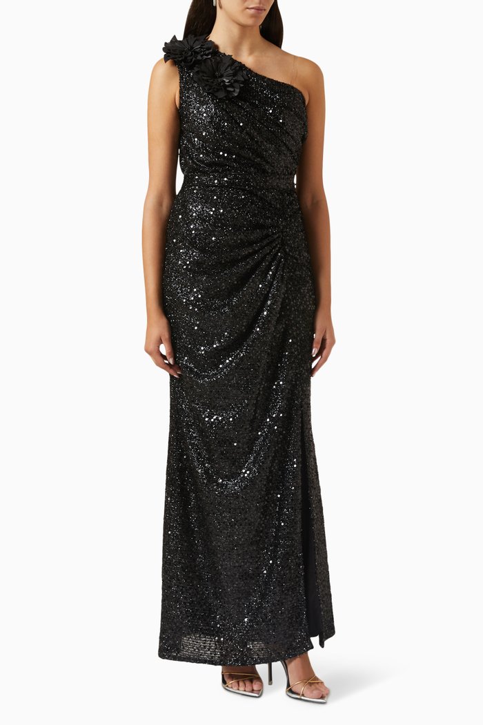 

One-shoulder Maxi Dress in Sequins, Black