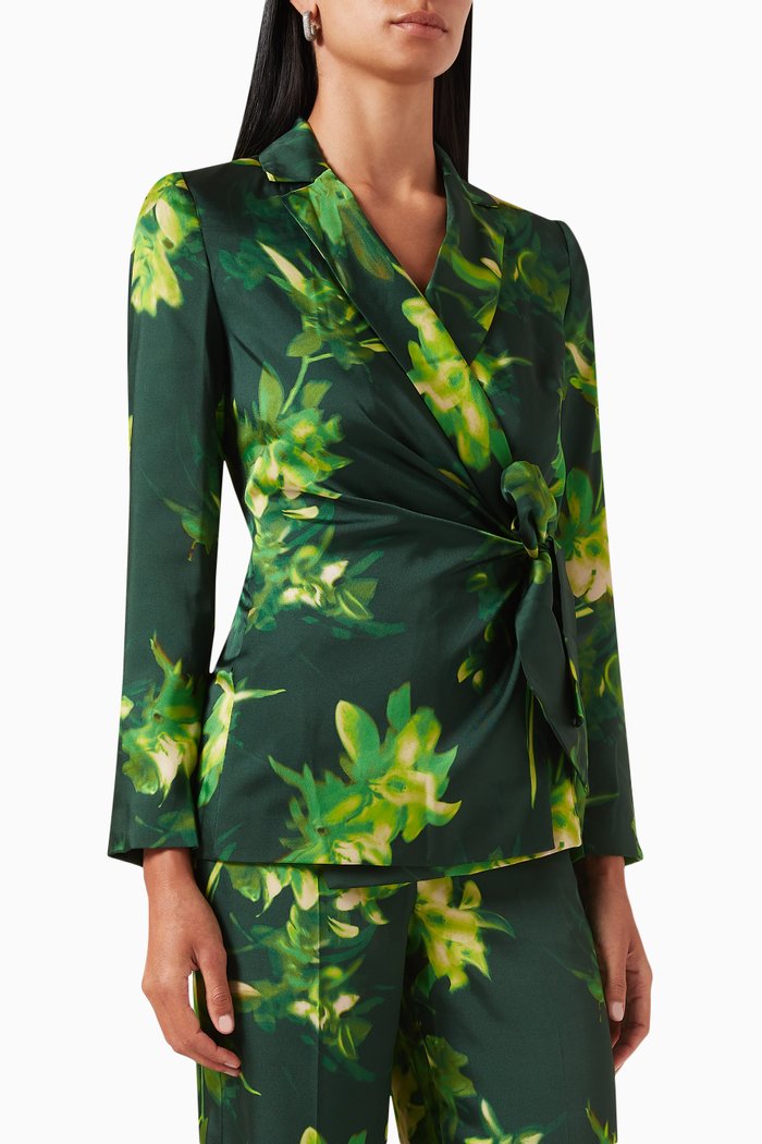 

Evento Printed Wrap-front Blazer in Twill, Green