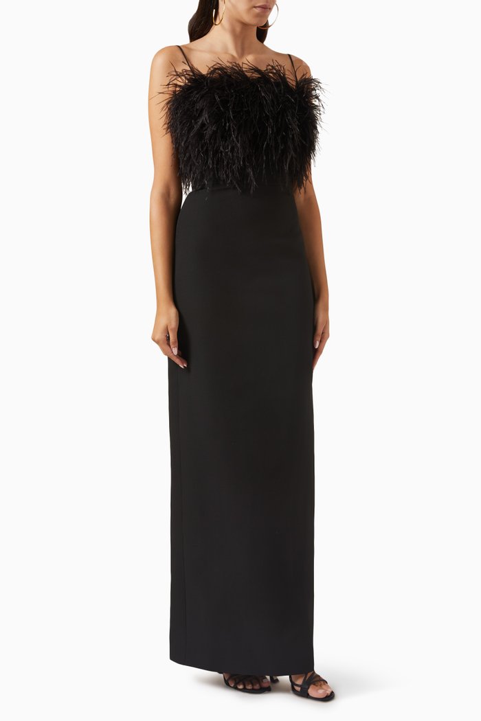 

July Feather Maxi Dress in Crepe, Black