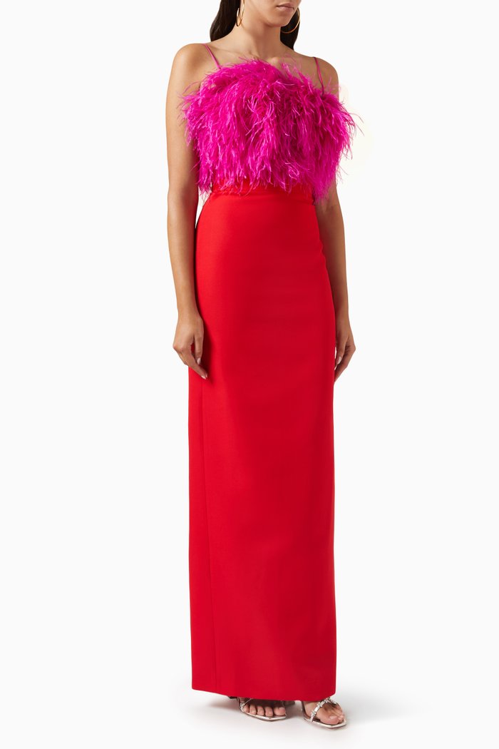 

July Feather Maxi Dress in Crepe, Red