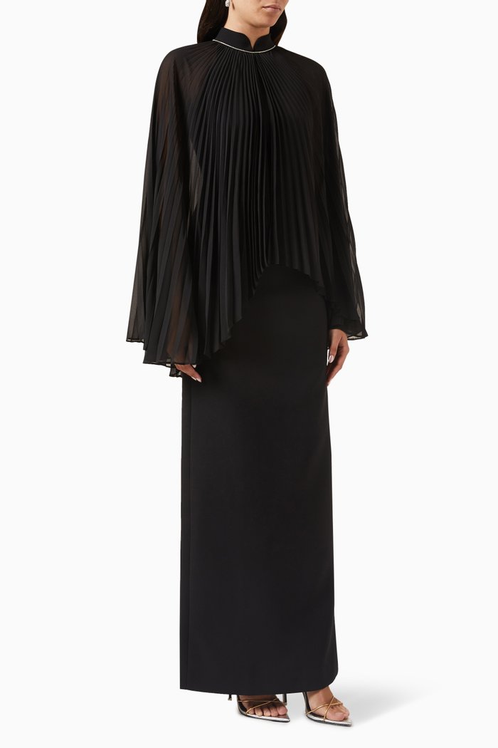 

Ella Pleated Cape Dress in Crepe, Black