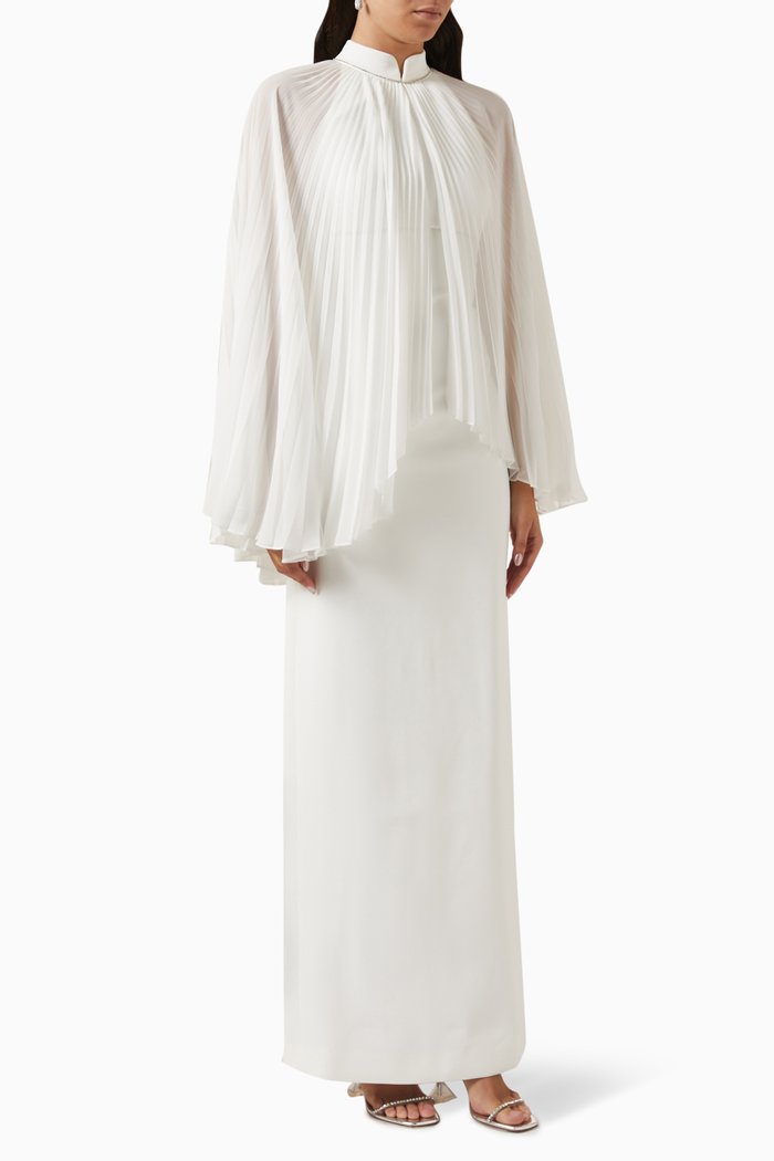 

Ella Pleated Cape Dress in Crepe, White