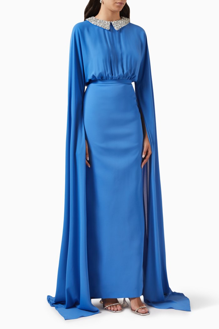 

Dina Elongated-sleeves Maxi Dress in Crepe, Blue