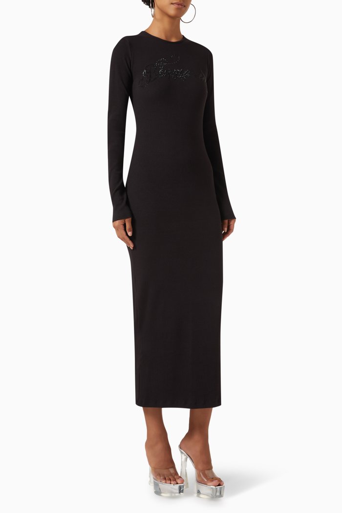 Crystal-logo Midi Dress in Stretch-cotton, Black