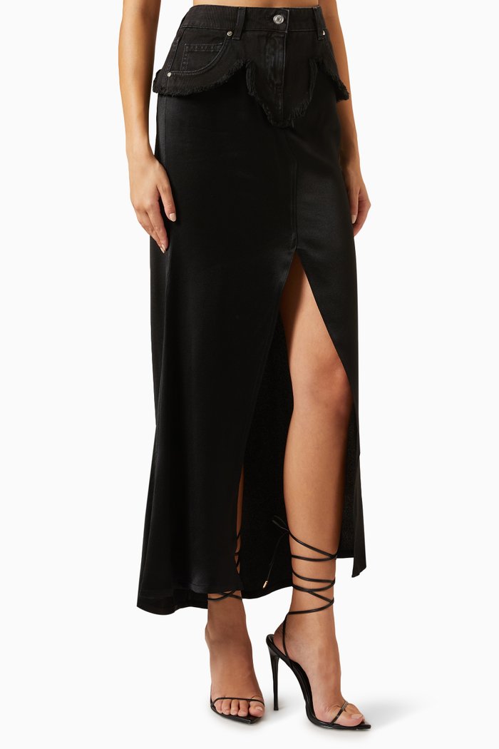 

Slit Maxi Skirt in Denim & Silk, Black