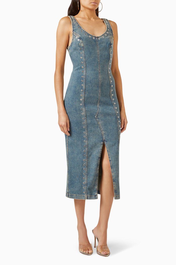 

Eyelet Midi Dress in Denim, Blue