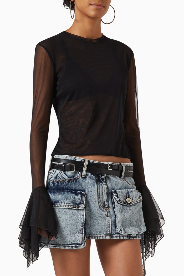 

Crystal Ruffled-cuffs T-shirt in Stretch-tulle, Black