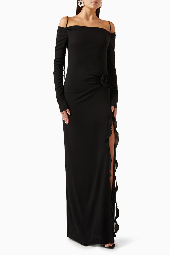 

Rosette Slit Maxi Dress in Jersey, Black
