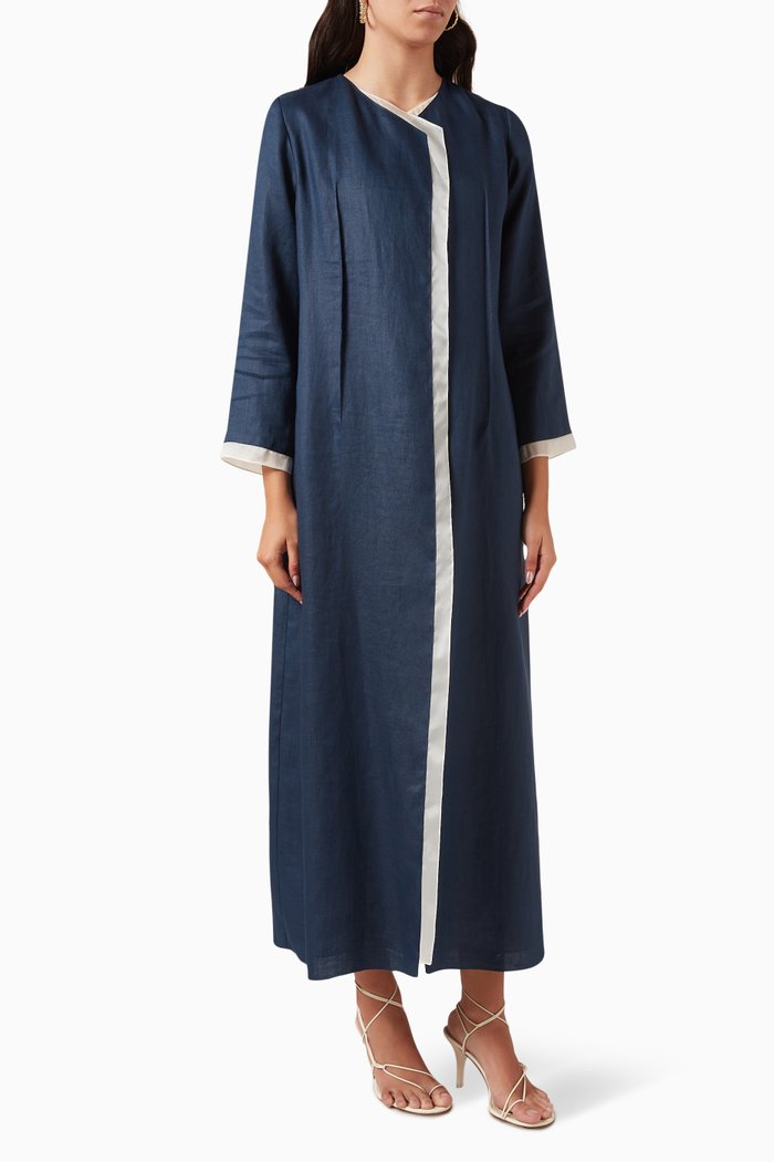 Contrast Trim Abaya in Linen, Blue