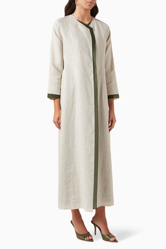 

Contrast Trim Abaya in Linen, Neutral