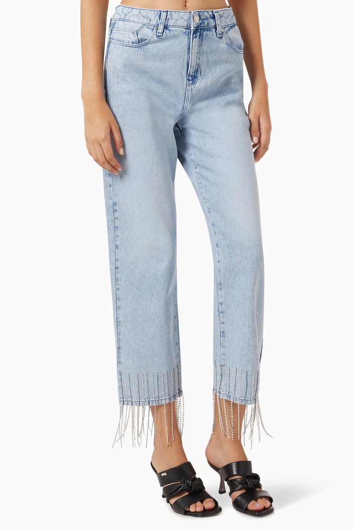 

Rhinestone Fringed Jeans in Denim, Blue