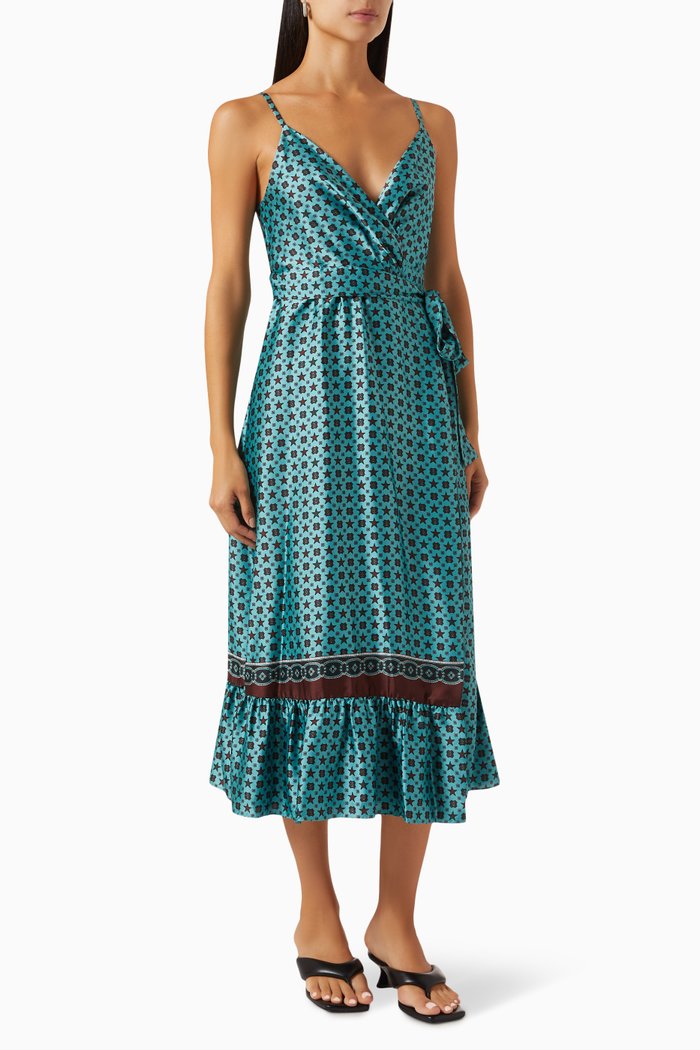 

Printed Midi Dress in Satin, Blue