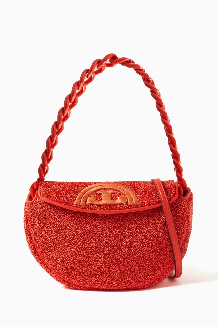 

Mini Fleming Crescent Shoulder Bag in Raffia, Red