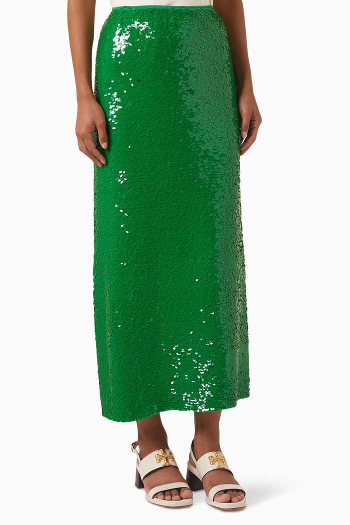 Sequinned Midi Skirt, Green
