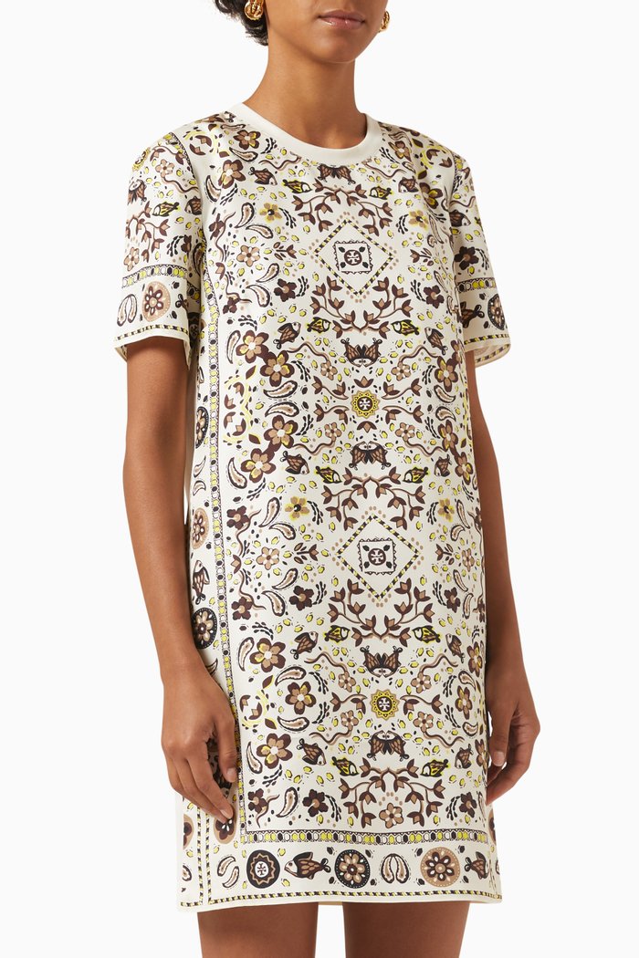 

Printed Mini T-shirt Dress in Silk-twill & Jersey, White