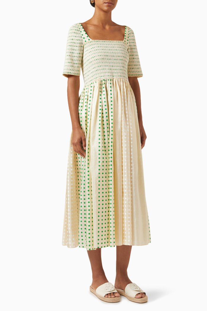 

Polka-dot Smocked Midi Dress in Silk, Green