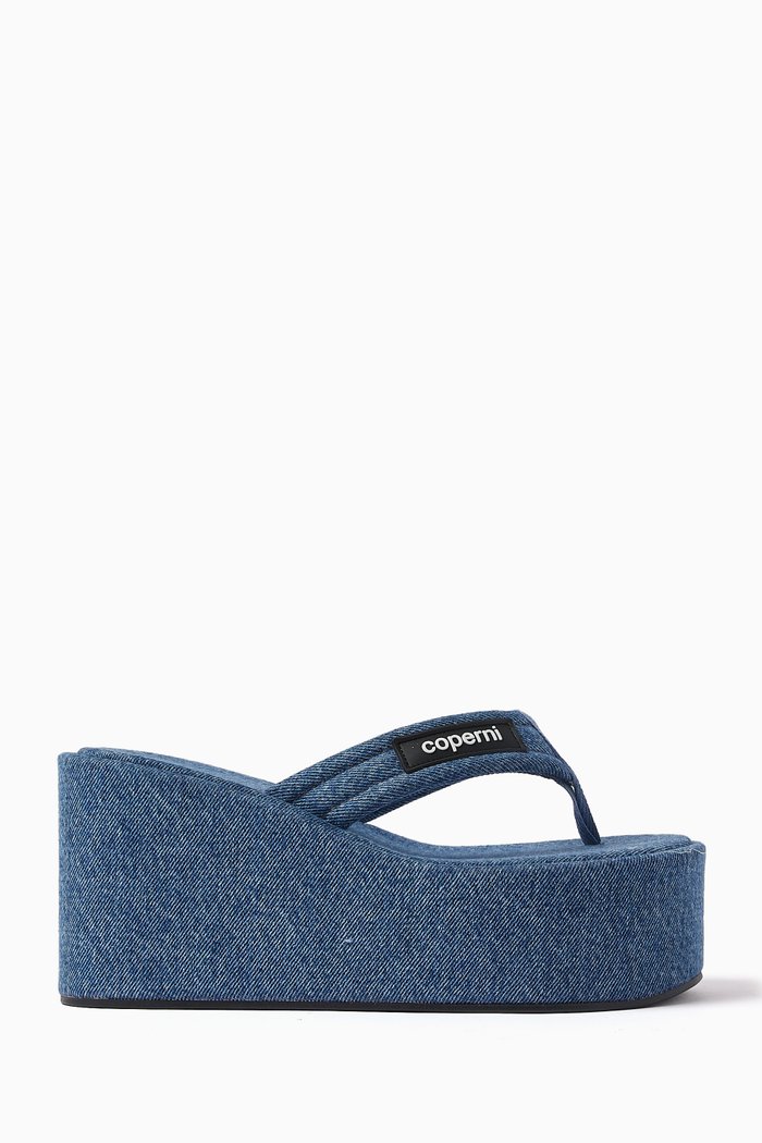 

Denim Branded Wedge Sandals in Denim, Blue