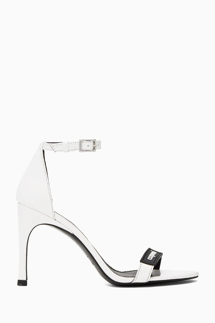 

Patent Skinny Strap Logo Sandals in Leather, White