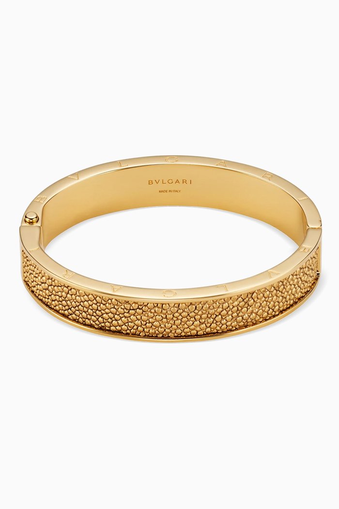 

Hinged Logo Bangle in Brass, Gold