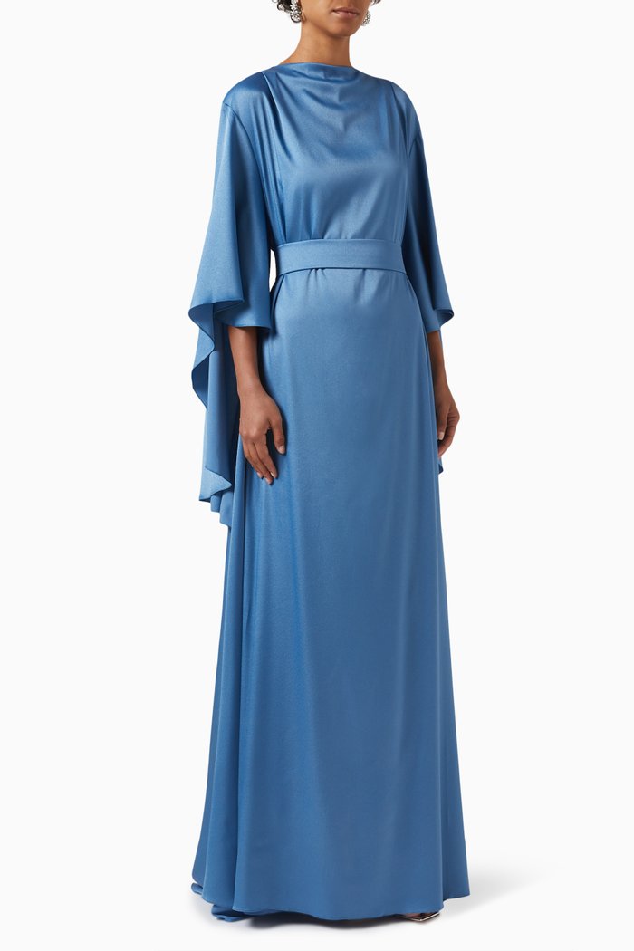 Asymmetric Sleeve Dress in Satin, Blue