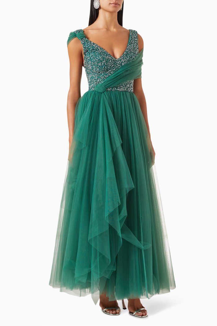 

Bead-embellished Dress in Tulle, Green