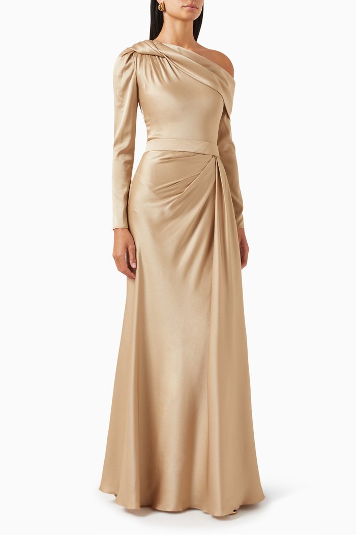 

One-shoulder Dress in Satin, Gold