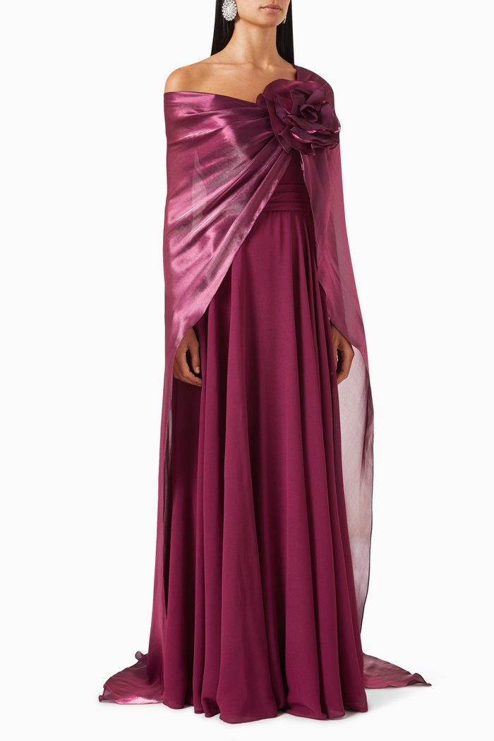 

Flower Cape Dress in Organza, Red