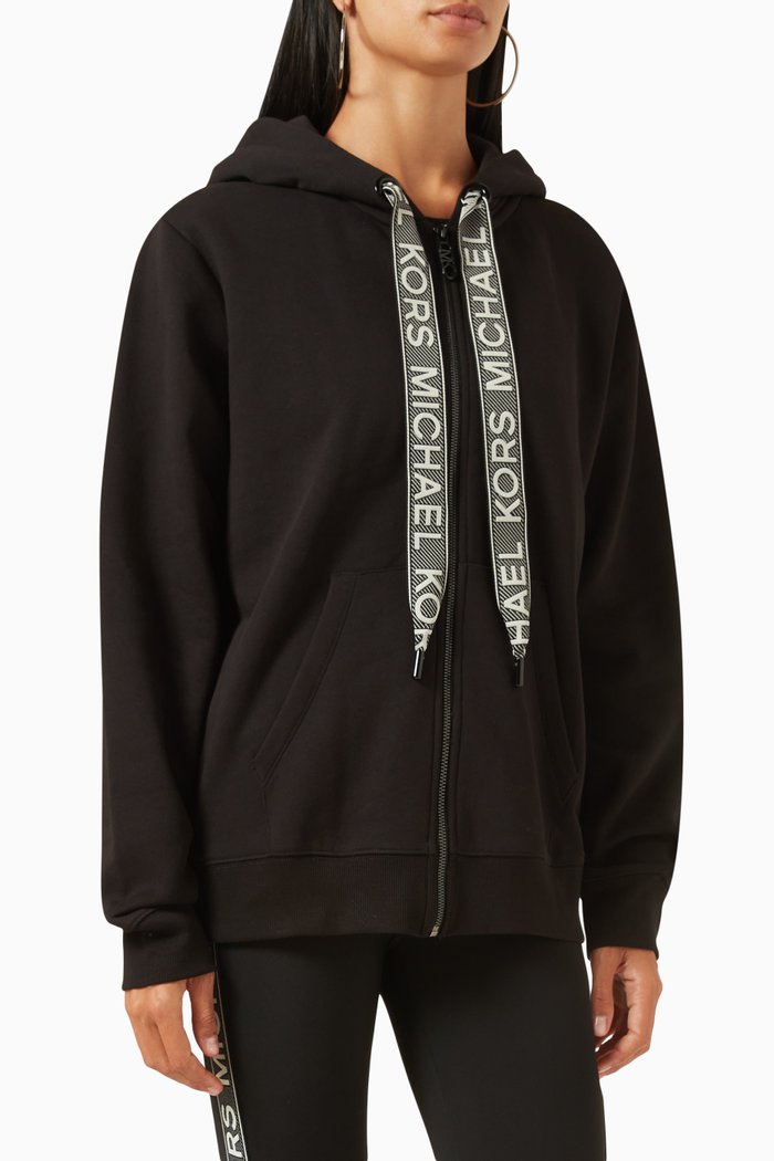 

Logo-tape Zip-up Hoodie in Organic Cotton, Black