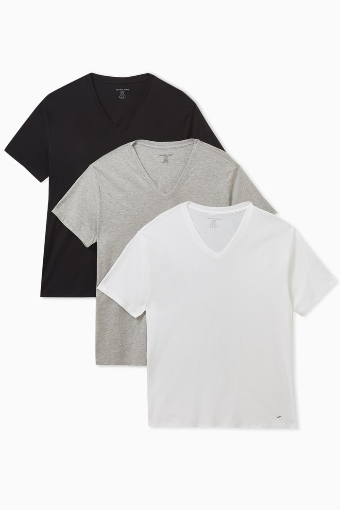 

V-neck T-shirt in Cotton, Set of 3, Grey