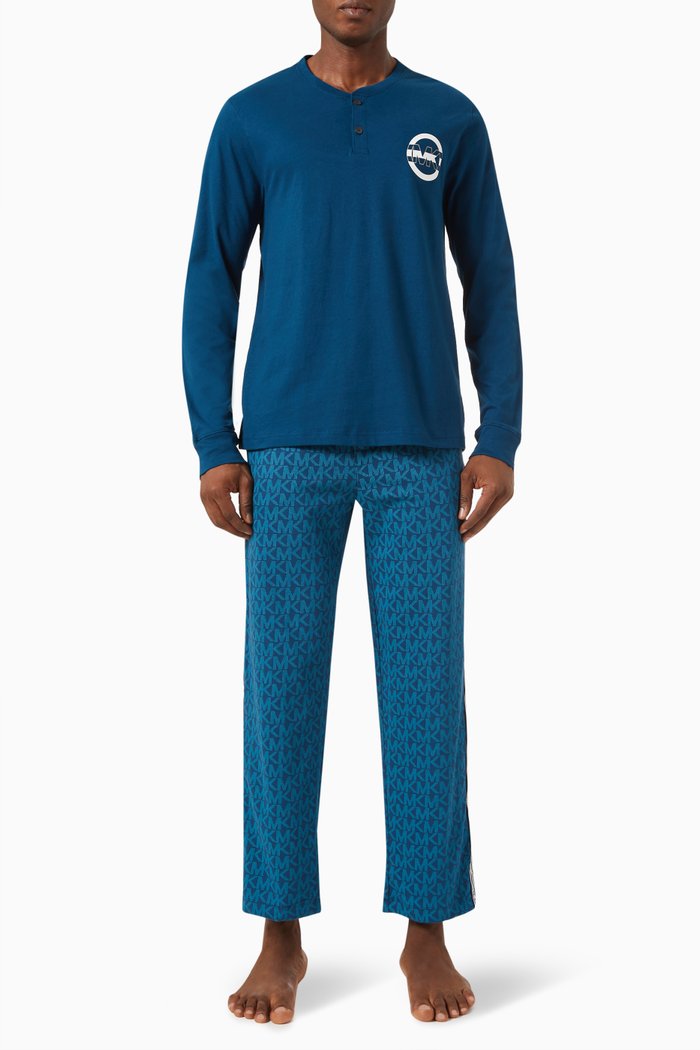 

Henley Pyjama T-shirt & Pant Set in Cotton Jersey, Blue