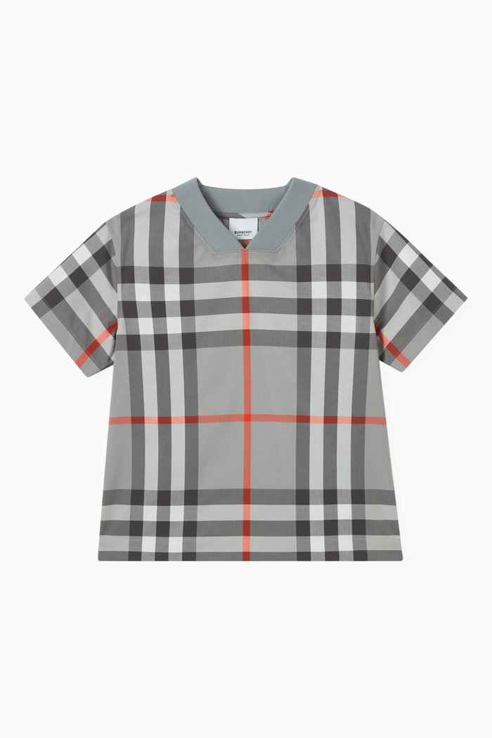 Check-pattern V-neck T-shirt in Cotton, Grey