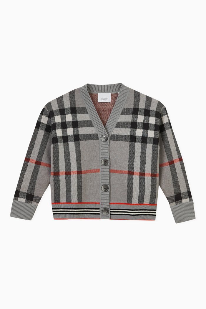 

Check Print Cardigan in Cotton Knit, Grey
