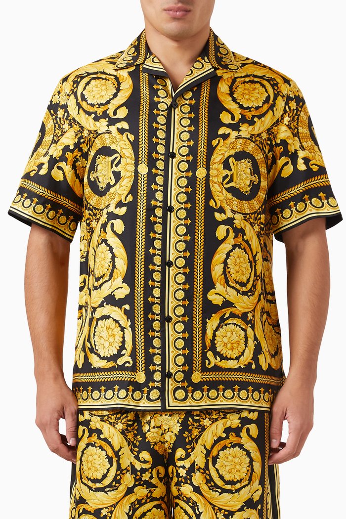 Baroque Print Shirt in Silk, Black