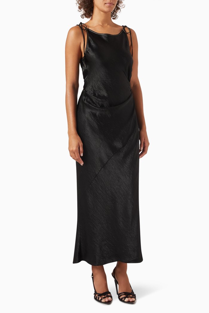 Contrast-stitch Midi Dress in Satin, Black