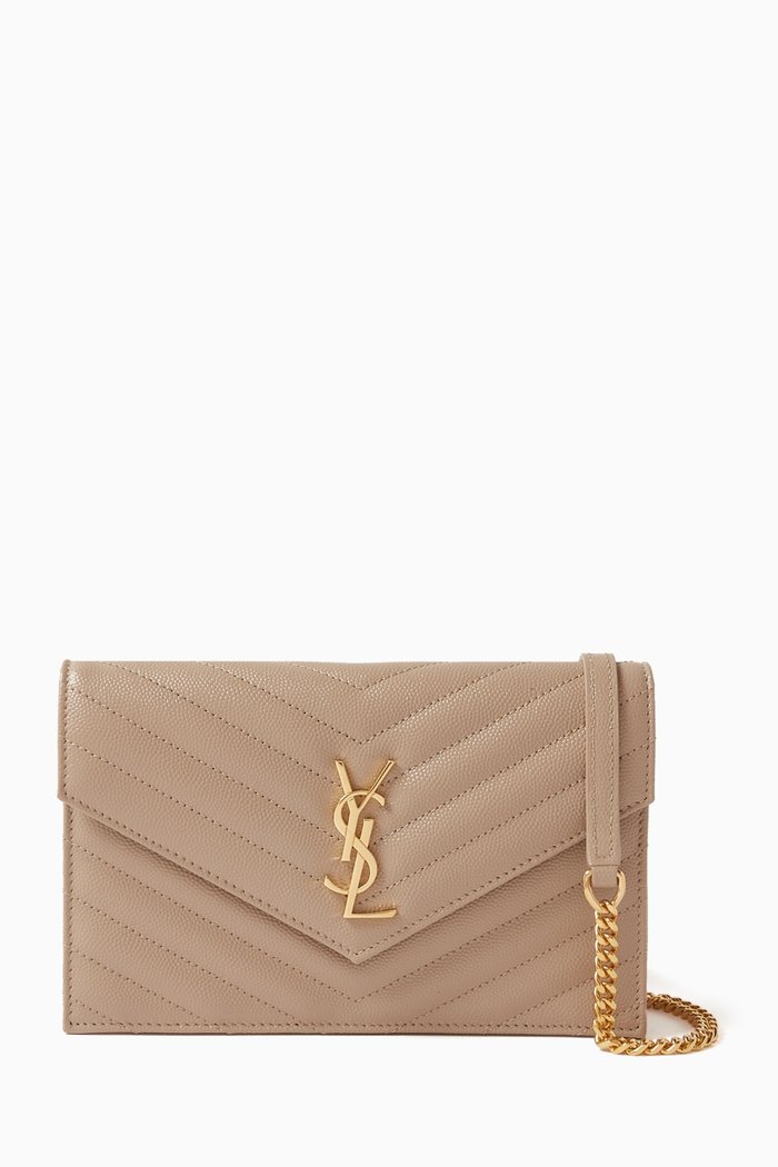 

Cassandre Matelassé Envelope Chain Wallet in Quilted Leather, Neutral