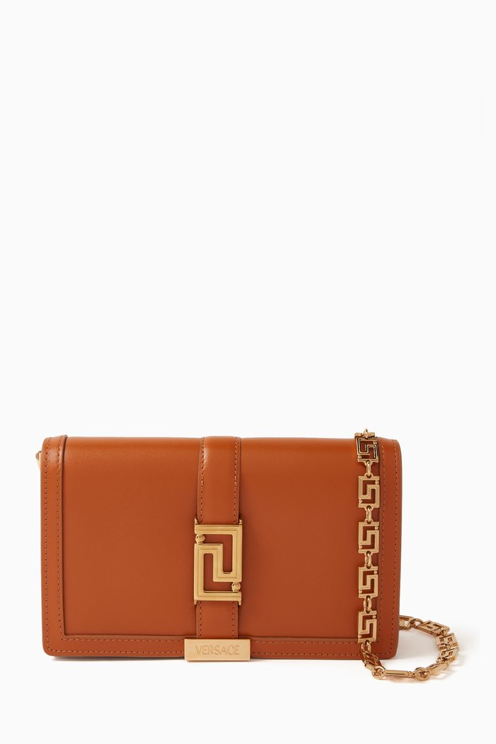 

Mini Greca Goddess Bag in Smooth Leather, Brown