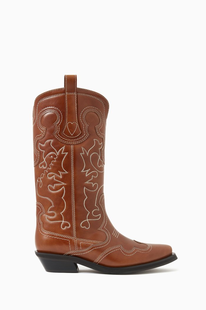 

Embroidered Western Cowboy Boots in Leather, Brown
