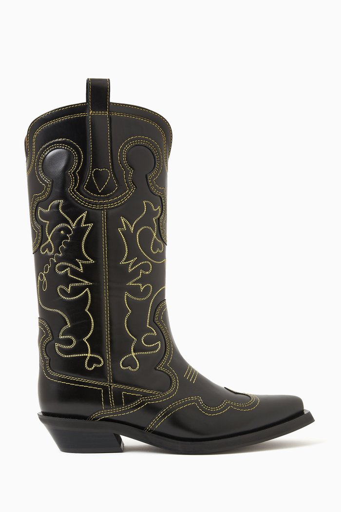 

Embroidered Western Cowboy Boots in Leather, Black